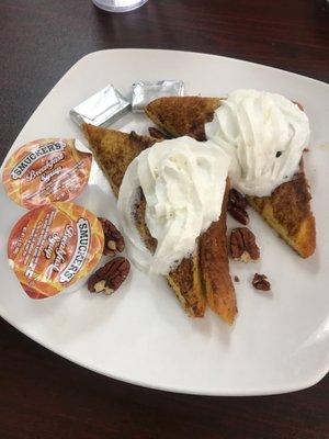 Single order French toast, with pecans and whip cream add-ons