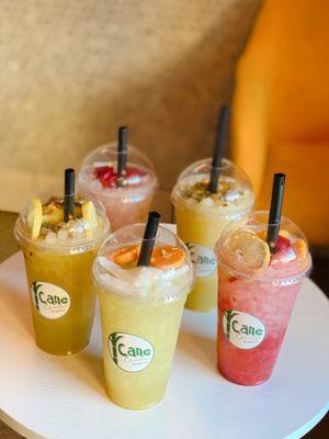 Original,  strawberry and mango lemonade, passion original, strawberry original and passion medley.