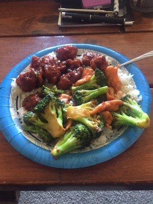 Chicken with broccoli and general tsos