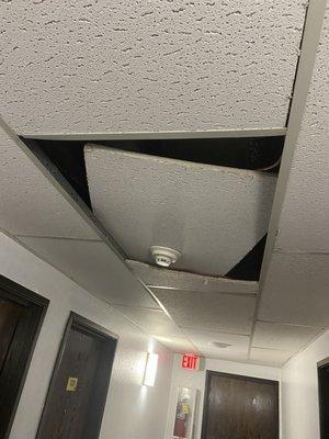 Ceiling tile with either a smoke detector or something like that. And it's been that way my whole stay