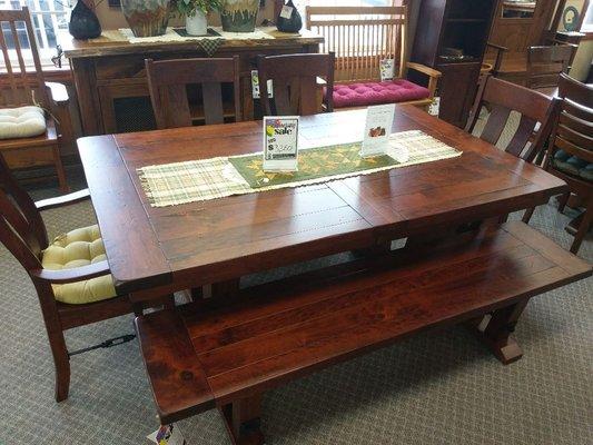 Bayfield dining set in Rustic Cherry. 44" x 72" with 1 - 18" leaf.