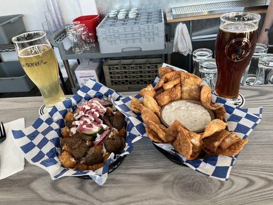 Loaded tots and wonton chips with dill pickle dip (this dip is made in-house and so delicious...especially if you're a pickle fan!)