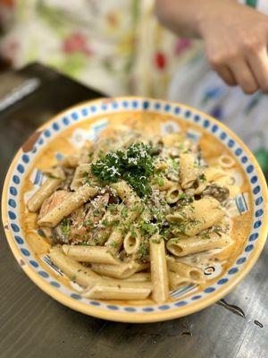 GF penne with funghi sauce and shrimp