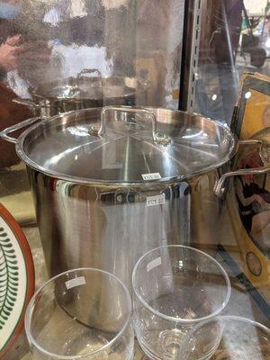 This stockpot, with steamer insert and strainer (which are missing here), retails new for $175.