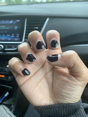 Rushed nail job!!! If you come to this location do not let the older gentleman do your nails.My daughter shellac nail polish after 4 days.