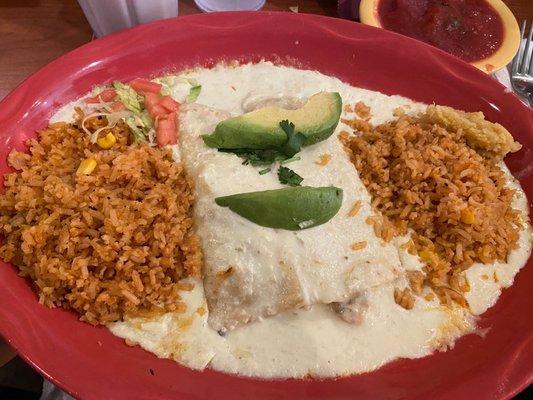 dinner portion (2) cream cheese chicken enchilada with rice