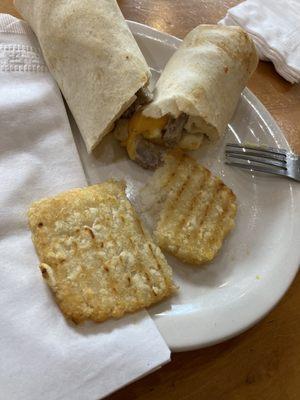 BYO wrap with sausage, egg, & cheese  Added a hash brown