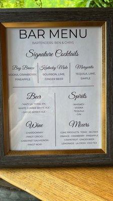 Bar menu at a wedding