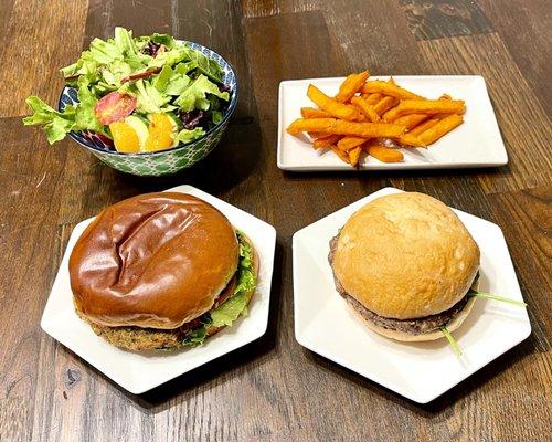 Delivery - Lentil burger with side salad and lamb burger with gluten free bun & sweet potato fries