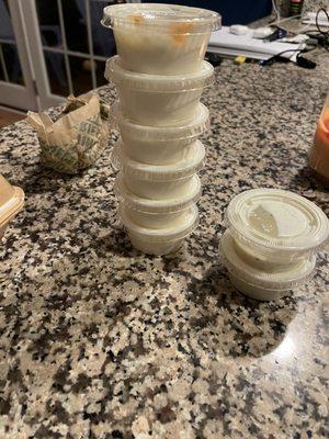 Blue cheese on left and ranch on right (we only ordered one of each).