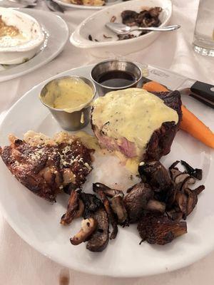 Petite filet, honey glazed mushrooms, au gratin potatoes