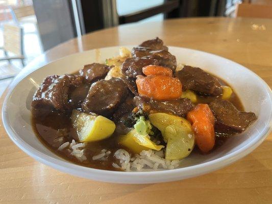 Beef stew, veggies and rice on a cold, rainy day