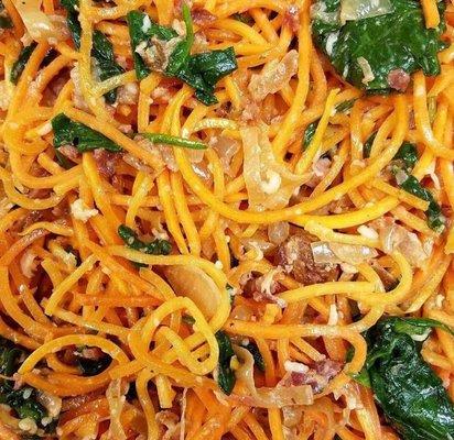 Butternut squash noodles with mascarpone, organic baby spinach, caramelized onions and nitrate free bacon!