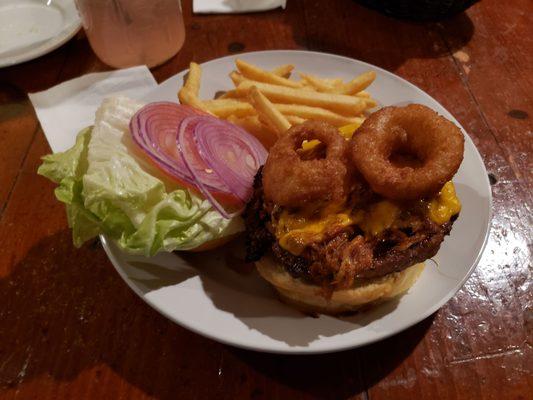 Squealer Burger with fries and onion rings