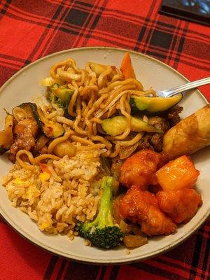 Kung pao chicken, vegetable chow mein, vegetable rice, sweet and sour pork, egg roll, Mongolian beef.