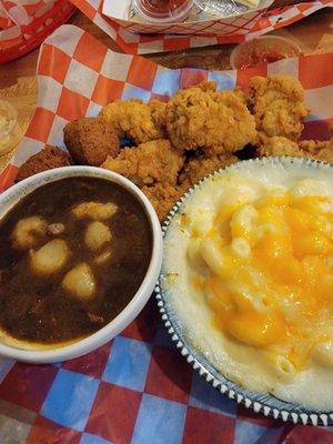 Oyster Platter with sides of gumbo and macaroni and cheese