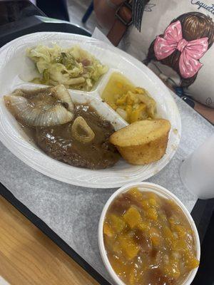 Hamburger Steak, Squash, cabbage l and Oeach Cobbler