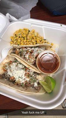 Steak tacos with Mexican street corn