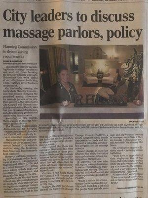 Lotus Day Spa was featured on the front page of the Santa Maria Times as one of the "legit" massage businesses in Santa Maria.