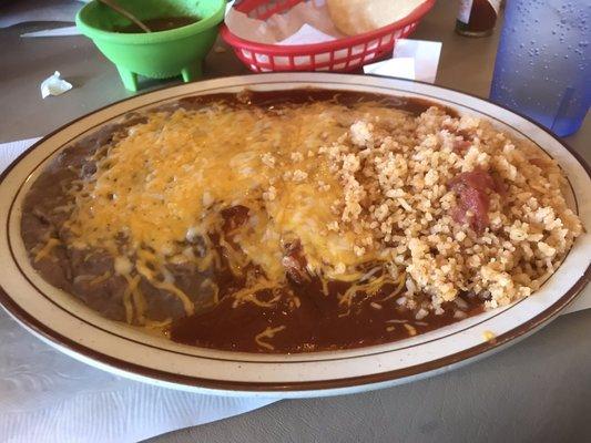 Beans, Rice, Chili Rellenos, and Cheese Enchilada