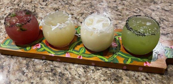 Mexican tequila flight; pomegranate jalapeño, pineapple, coconut, & kiwi