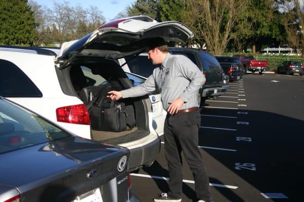 You are in complete control the entire time! You park, lock your doors and take the keys with you, we never have access to your vehicle.