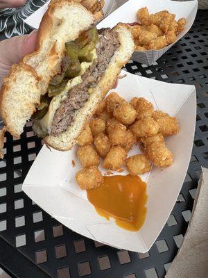 RU Nuts Burger and tots with a house mustard/bbq sauce