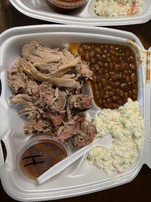 Pulled pork (good but needs sauce); baked beans (good); cole slaw (not a fan)