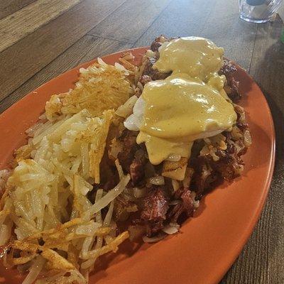 Corn beef hash eggs Benedict