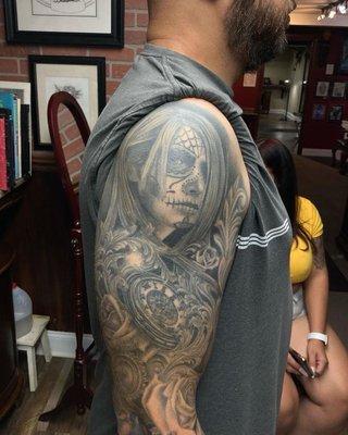 Day Of The Dead portion of a tattoo sleeve by Mike Harmon (NeckBone)