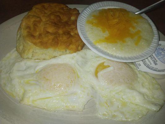 Two eggs, biscuit, and grits breakfast special