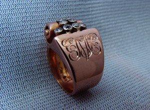 Hand engraved monogram on gold ring