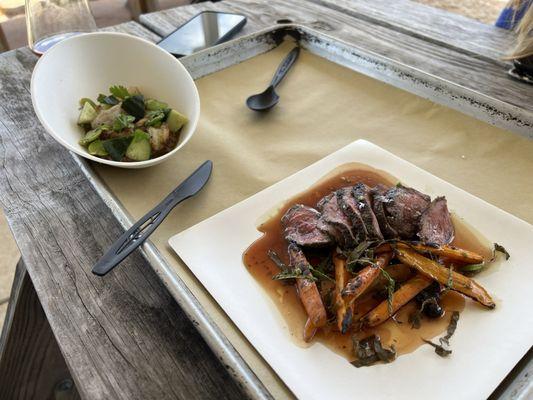 Shrimp and grits, lamb leg steak.