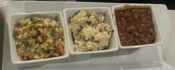 Sides for meat platter; slaw, potato salad and baked beans