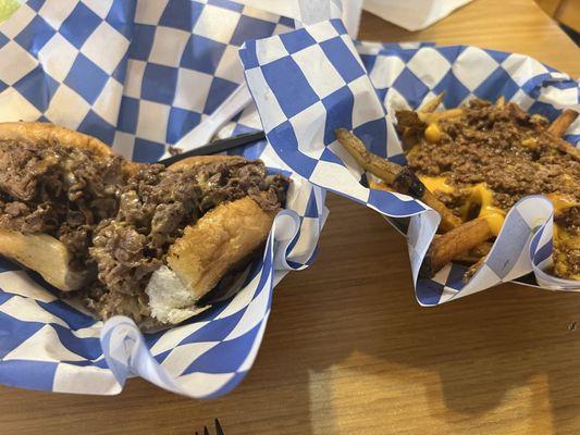 Philly cheesesteak and chili cheese fries