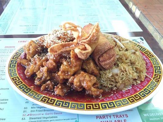 Sesame chicken egg roll & crab Rangoon