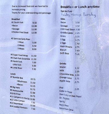 Updated price list as posted on their food truck.