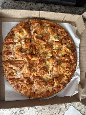 Pizza with cheese and chicken fingers, mild. So good!