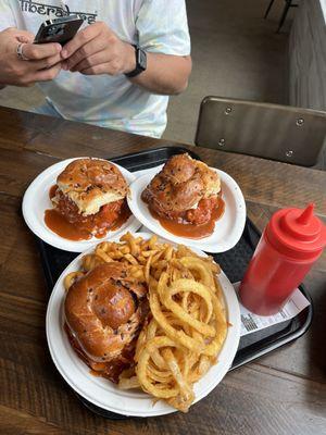 super beef onion rings curly fries