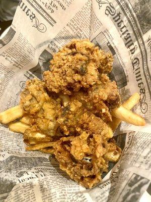 Fried oysters/fries$18, really good but don't serve on top of fries, it steams them so not crispy!!