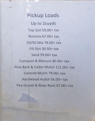 Price list for pick up.  Each load is 2yrd pricing so bring a big truck as you will be charged for 2 yards regardless.