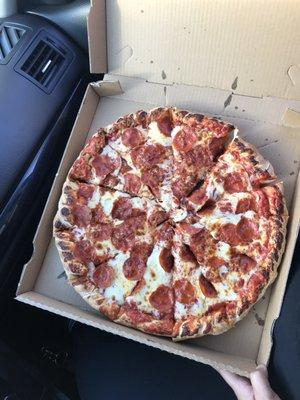 Large pepperoni pizza: Birds eye view