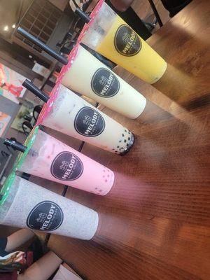 From left to right: Strawberry Oreo, strawberry milk tea, brown sugar milk, mango peach yogurt, mango