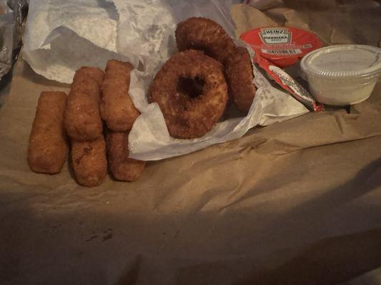 Onion rings and mozzarella sticks