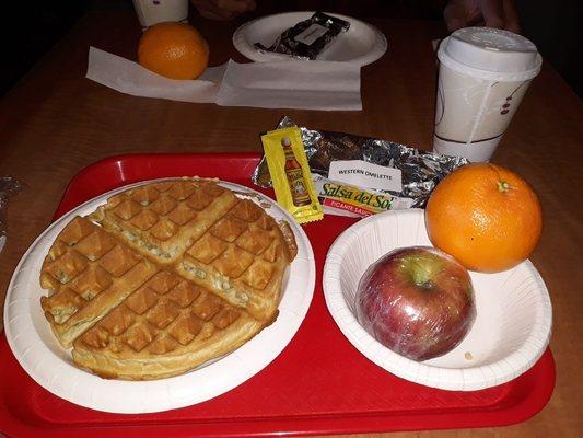 Belgian waffle (batter prepared, need to cook in waffle maker), omelette, fresh fruit, coffee