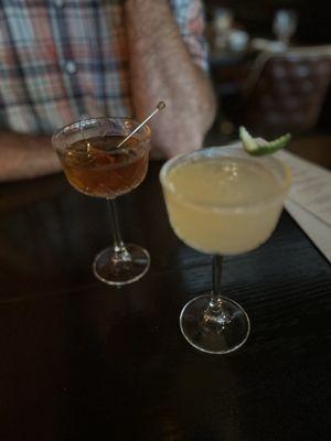 Left- Manhattan, right- margarita.  Cocktails served straight up and very cold.