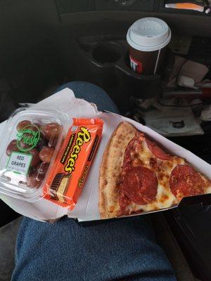 pepperoni pizza slice single serving of grapes coffee Reese's peanut butter cup.