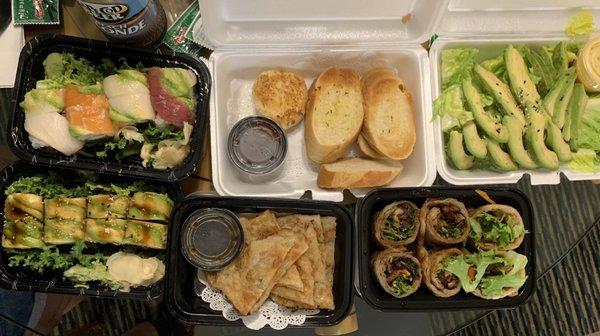 From left clockwise: Rainbow roll, Goat Cheese, Avocado salad, Duck Roll, Scallion Pancakes, Dragon Roll