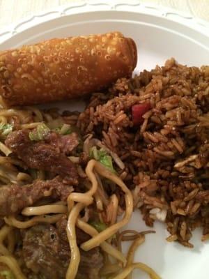 Lo mein, pork fried rice, egg roll