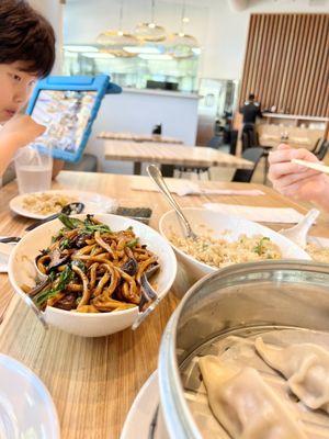 Short Rib dan mein, pork n shrimp handmade dumplings, and dungeness crab fried rice